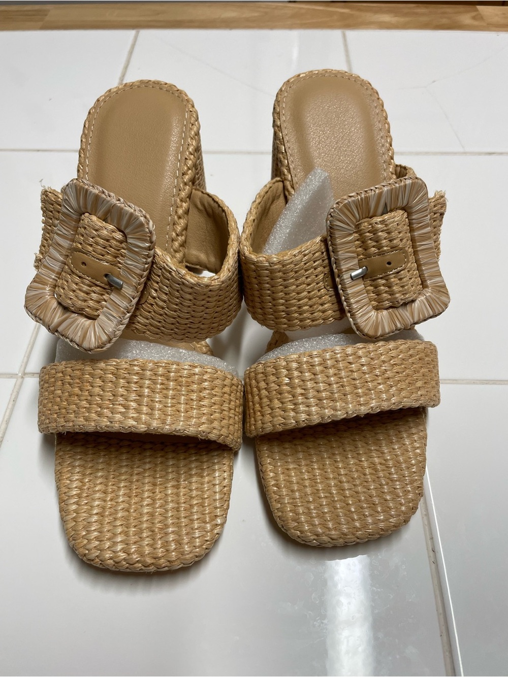 Woven Raffia Double-Strap Slide Mules in Natural